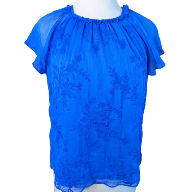 CeCe Women's Blue Sheer Flutter-sleeve Embroidered Top Size Small