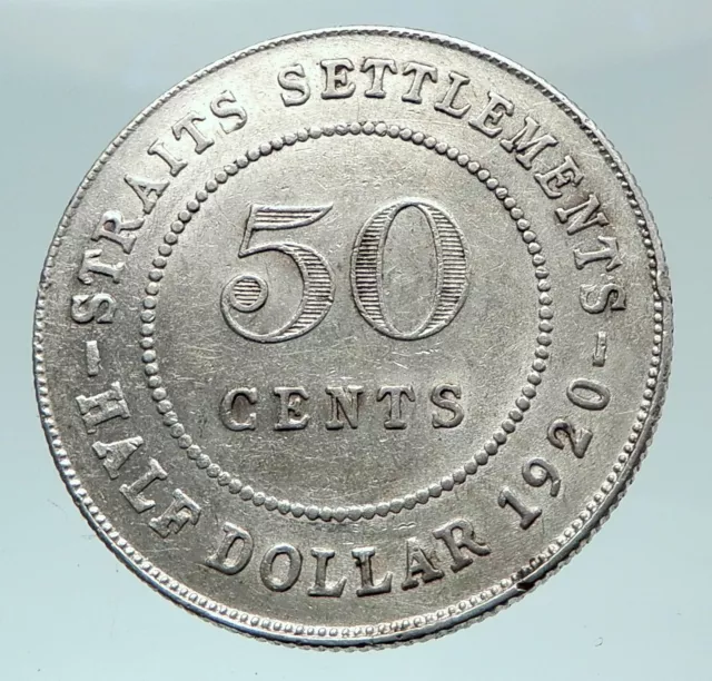 1920 STRAITS SETTLEMENTS UK King George V Genuine SILVER 50 CENTS Coin i81584 2