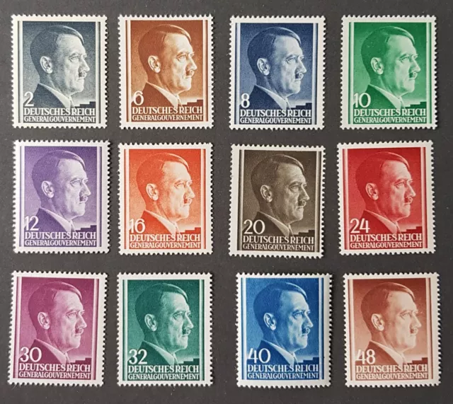 Third Reich Wwii Occ Poland General Government Original Stamp Set Hitler Mnh