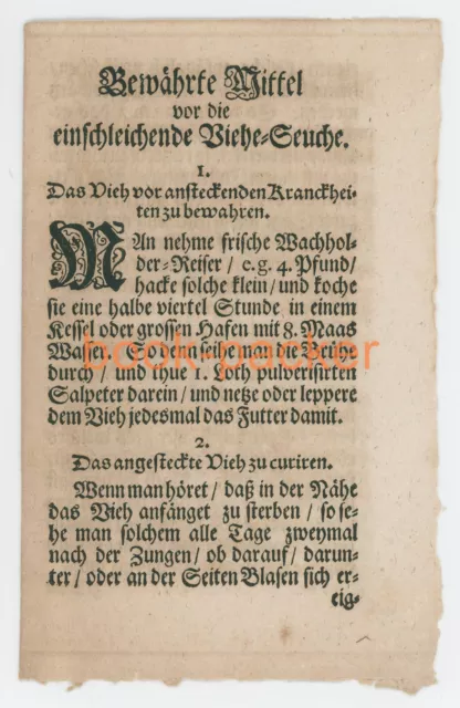 Altes Flugblatt: "Bewährte Mittel vor die einschleichende Viehe=Seuche" ~1780