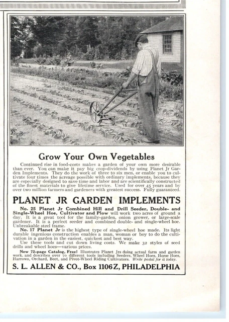 1917 Print Ad S.L. Allen & Co Planet Jr Garden Seeder Hoe Cultivator Hand Plow!