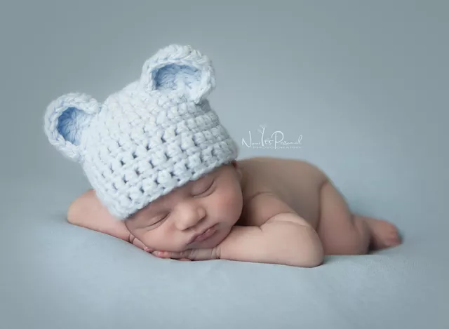 Cappello bambino all'uncinetto lavorato a mano orsacchiotto grosso materiale fotografico ragazzo blu neonato-12M