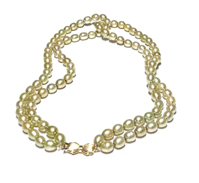 Hand knotted 7.5 x 8.5mm Champagne Green Cultured FW Pearl Double 18" Necklace