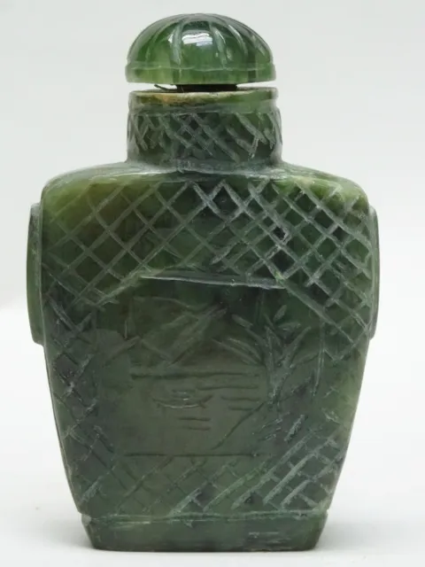 WELL CARVED GREEN JADE EARLY-MID 20c. CHINESE EXPORT SNUFF BOTTLE