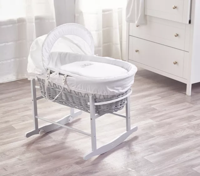 Grey Wicker Moses Basket Crib With Rocking Stand & Mattress Sleepy Little Owl