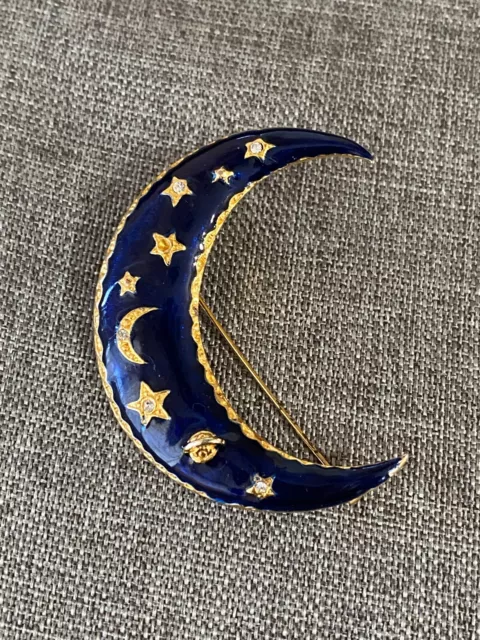 Vintage Blue Enamel Crescent Moon Gold Tone Rhinestone Celestial Stars Brooch