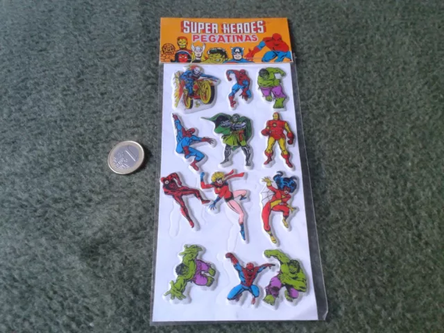 Lote De 12 Antiguas Pegatinas Con Relieve Super Heroes Originales De 1981 Marvel