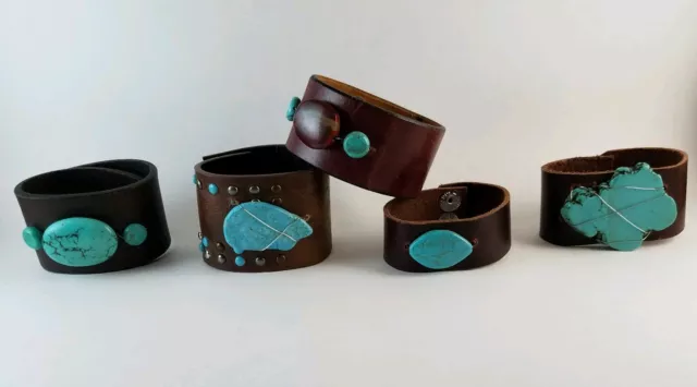 Handcrafted Women's Brown Leather Cuff bracelets, Turquoise stimulated. USA Made