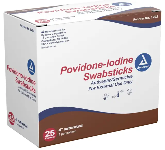 Dynarex Povidone Iodine Swabsticks, 4" - Box of 75