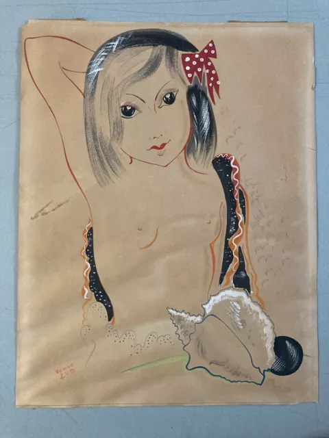 Très belle Peinture Gouache Sur Papier Maurice FÉAUDIÉRRE Serge Jeune Fille 1950 2