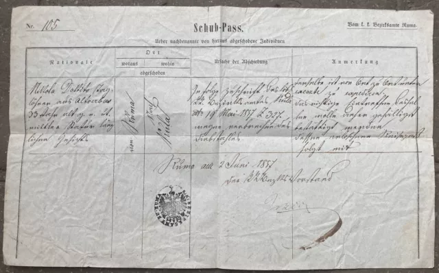 Reisepass Schub-Pass Abschiebung Ruma 1857? passport deportation of individuals