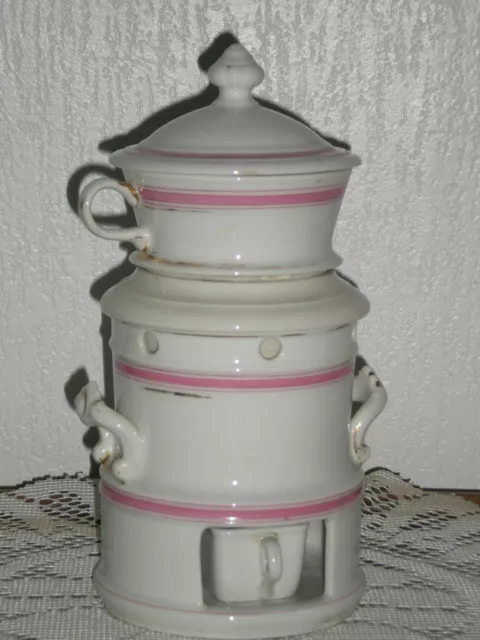 Ancienne Tisaniere En Porcelaine De Paris Lisere Rose Et Dore Modele Avec Tasse