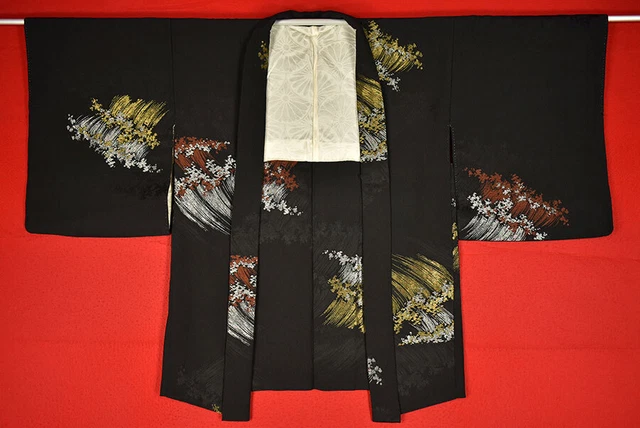 Vintage Japanese Kimono Silk Antique BORO Black HAORI Kusakizome Woven/B814/625