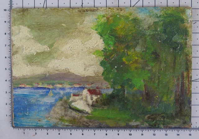 15x10 CM Pequeño Cuadro Paisaje Firmado Pintado Óleo En Mesa Vintage X13
