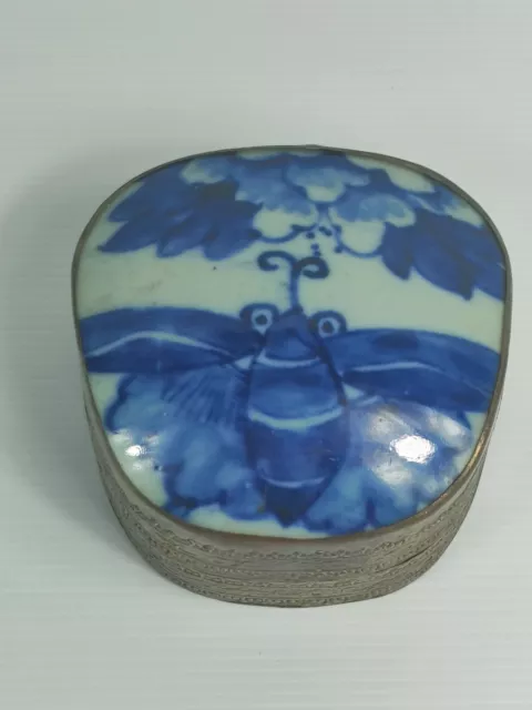 Antique Chinese Porcelain Shard Inlay Box with Blue and White Butterfly Design