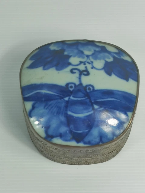 Antique Chinese Porcelain Shard Inlay Box with Blue and White Butterfly Design