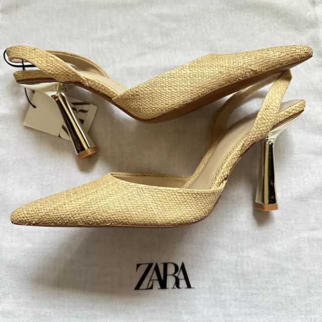 New Zara Raffia Metallic High Heel Slingback Pumps 2214/110 Size 9 40