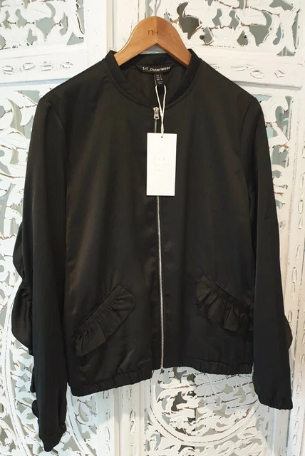 BNWT ZARA TRF OUTERWEAR sz S 8 10 Black RUFFLE FRILL JACKET zip