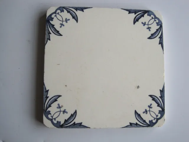 ANTIQUE VICTORIAN 6" BLUE ON WHITE TRANSFER PRINT TILE W/SPLAYED CORNERS c1890