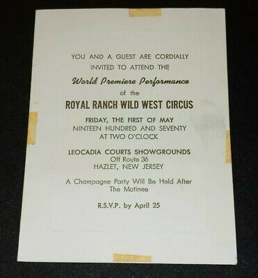 Royal Ranch Wild West Circus World Premiere Performance Invite 1970 Hazlet NJ