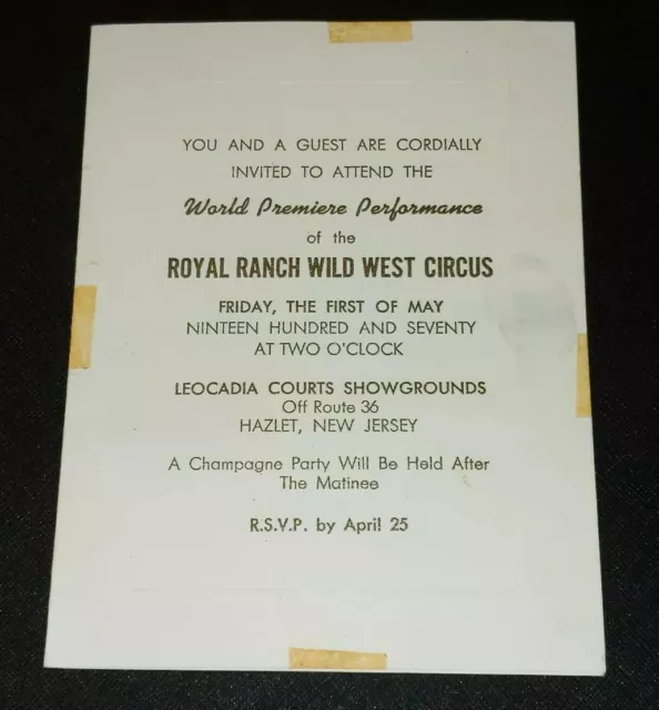 Royal Ranch Wild West Circus World Premiere Performance Invite 1970 Hazlet NJ