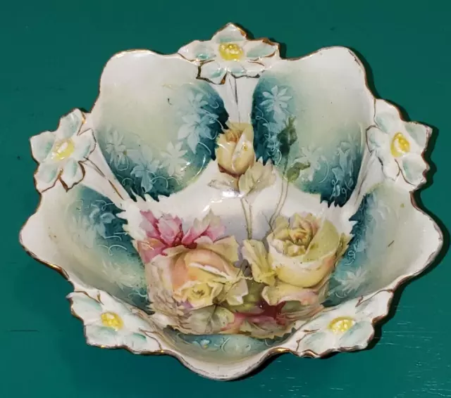Antique Rs Prussia Porcelain Footed Bowl Lily Mold Yellow Roses
