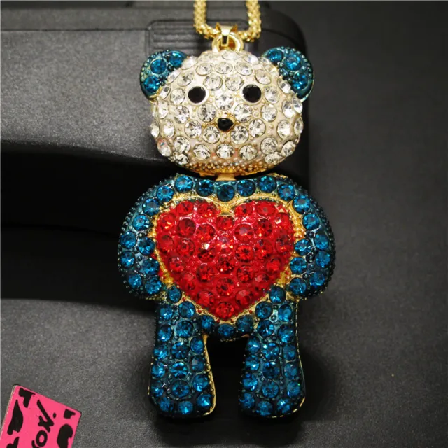 Hot Fashion Women Blue Rhinestone Bear Heart Crystal Pendant Chain Necklace