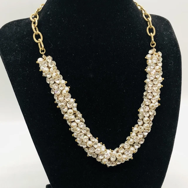 NWT Signed J. CREW Round Rhinestone & Pearls Gold Tone Statement Necklace