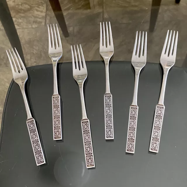 6X RETRO Vintage 70s WILTSHIRE 'Burgundy' STAINLESS Steel ENTREE Forks 18.5cms