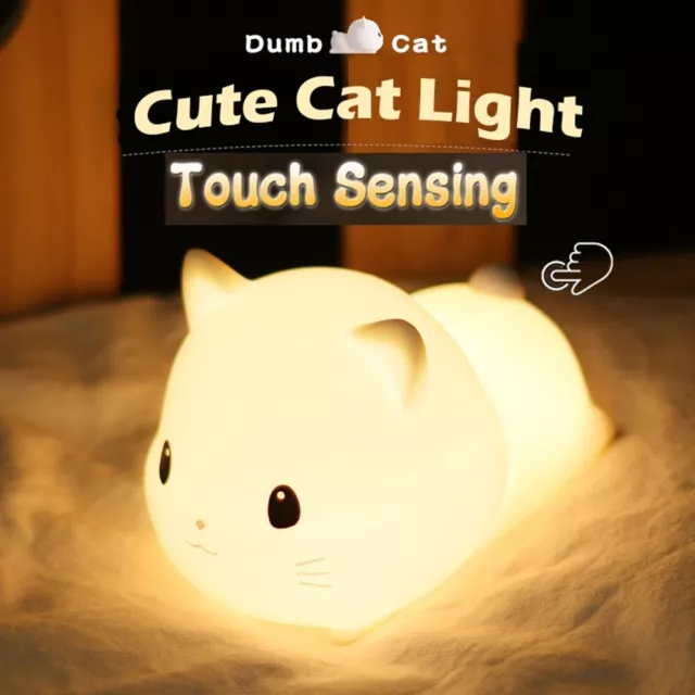 LED Kids Night Light CAT Soft Silicone Baby Nursery USB Rechargeable Timing