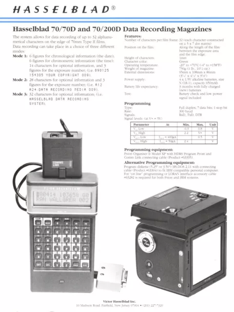 Hasselblad 70/70D y 70/200D Data Recording Magazines folleto de una sola hoja