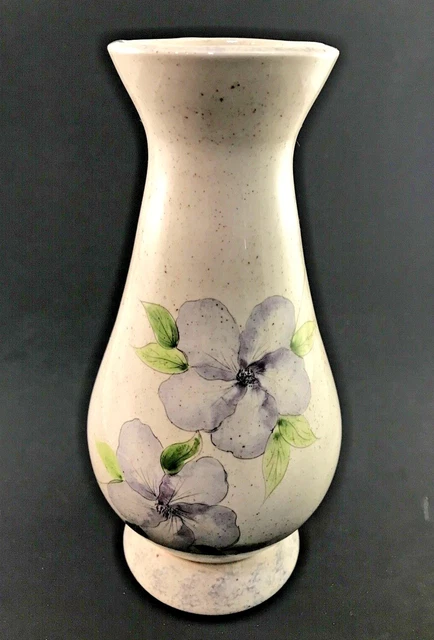 Floral Vase Hand Painted Blue Violet 8.5" Signed Ceramic Pottery Speckled Preown
