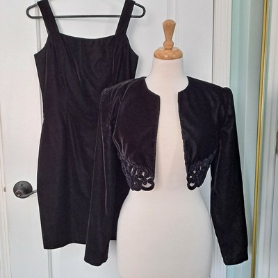 Vintage Scott McClintock 2 PC Dress Jacket 80s Black Velvet Petite Small Evening