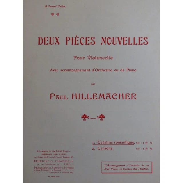 HILLEMACHER Paul Cavatine Romantique Violoncelle Piano 1913