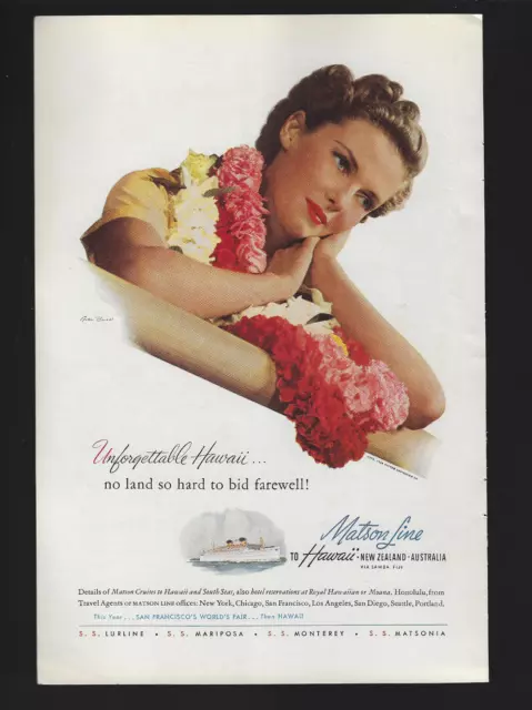 1939 Matson Line To Unforgettable Hawaii New Zealand Australia Color Print Ad