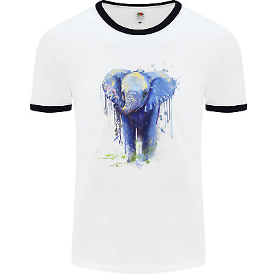 Elephant Watercolour Mens White Ringer T-Shirt