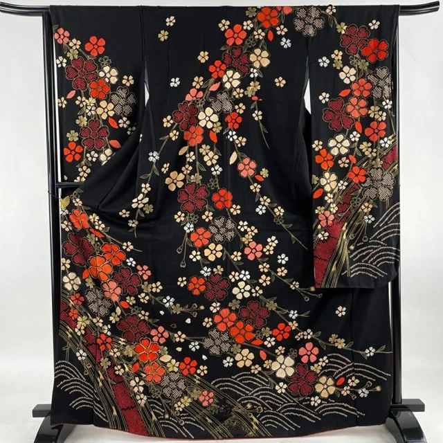 Woman Japanese Kimono Furisode Silk CherryBlossom Wave Gold Thread Shibori Black