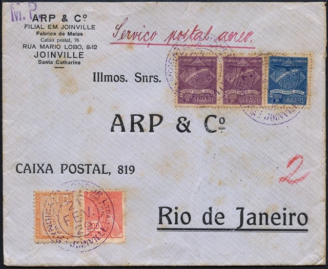 Brasilien 1929 Condor Luftpost-Brief MiF C5 + C6 Joinville nach Rio de Janeiro/5