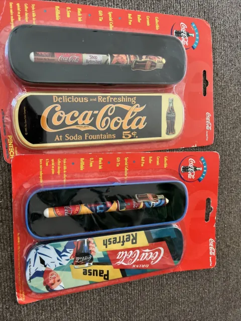 Vintage Lot of 2 1995  Coca-Cola Roller Ball Pens Collectible Tins