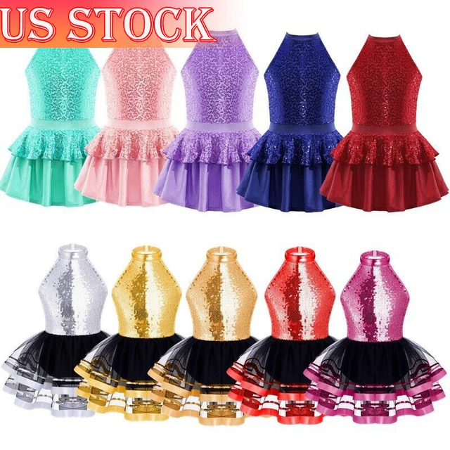 US Kids Girls Sparkle Sequins Ballet Dance Dress Hollow Back Gymnastics Leotard