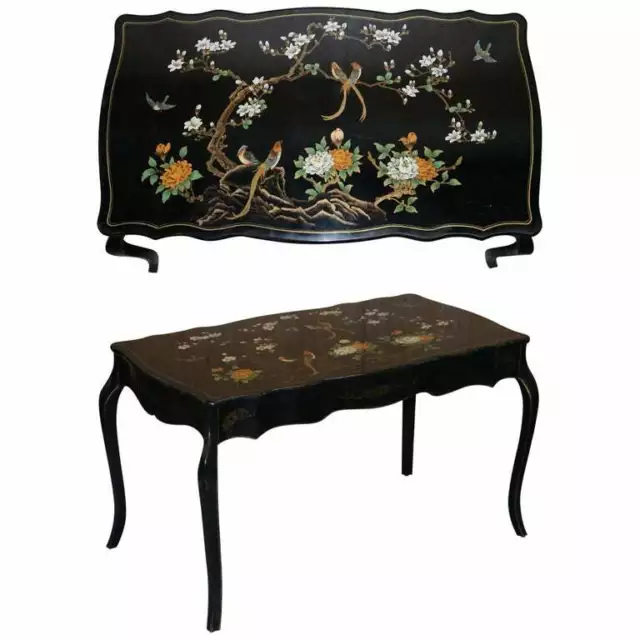 Stunning Black Lacquered Polychrome Painted Writing Table Desk Birds Flowers