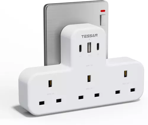 Extension Plug with 1 USB and 2 C, TESSAN 3 Way Adapter UK with...