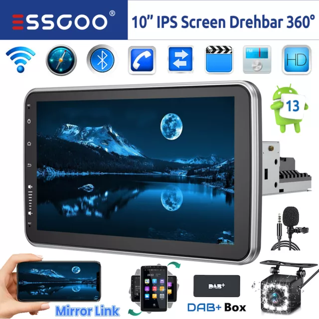 DAB+ Autoradio 10" Android 13 GPS Navi 360° IPS Drehbar Bildschirm +Kamera 1 DIN