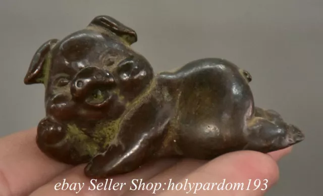 2" Old Chinese Purple Bronze Fengshui 12 Zodiac Year Pig Statue Sculpture