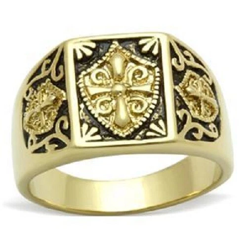 Bague Homme Chevaliere Pl/Or & Noir Blason Bouclier Croix Des Templiers