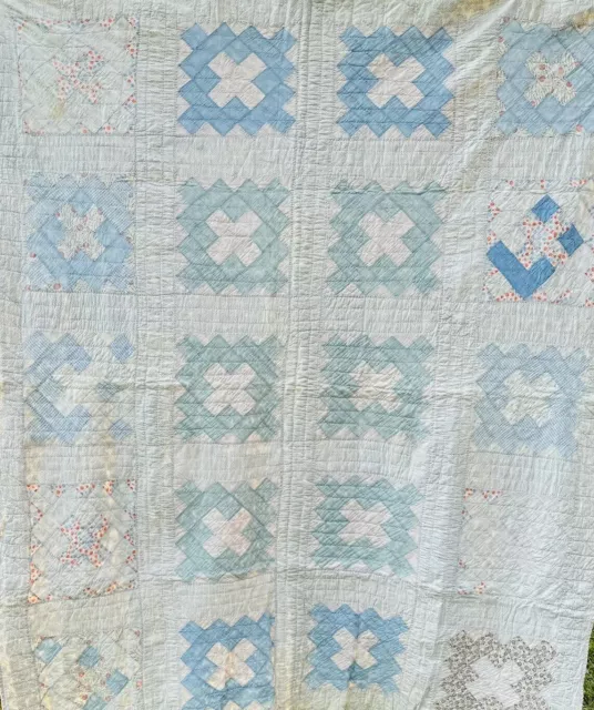 Antique Cotton Patchwork Quilt Pastel Pinks & Blue’s Hand Pieced Quilted & Sewn