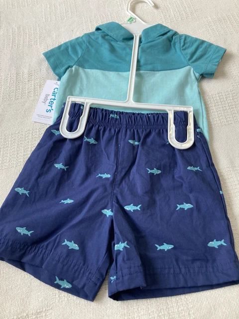 Carters baby boy 2 piece blue/green shark knit /cotton short outfit size 18M NWT 3