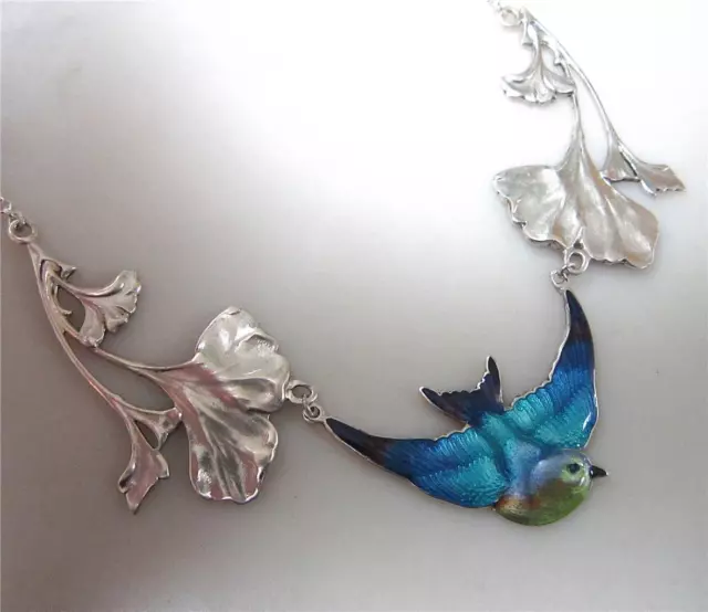 Stunning Art Nouveau Style Sterling Silver & Enamel Flower & Bird Necklace