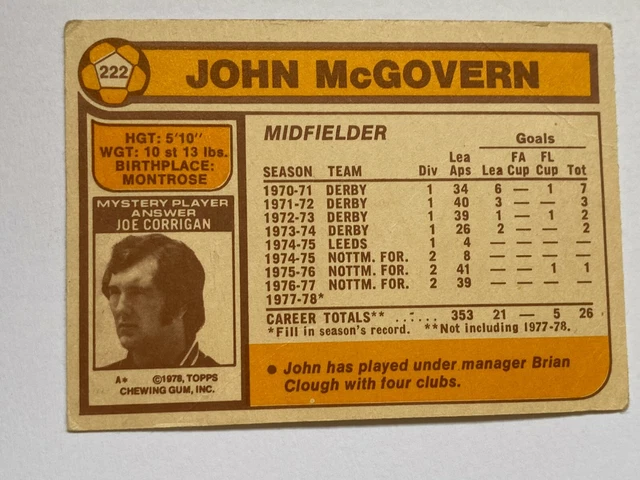 Topps 1978 Fussballkarte #222 John Mcgovern Nottingham Forest 2