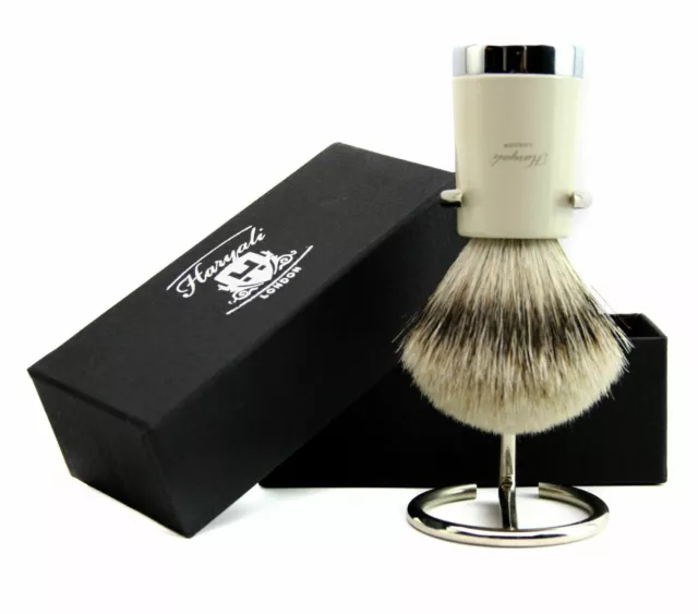 Mens Shaving Set Silver Tip Badger Hair Shaving Brush and Brush Stand by Haryali